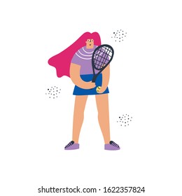 Standing tennis player flat hand drawn illustration. Young girl holding racket and ball in hands cartoon character. Female athlete in sportswear. Active lifestyle concept. T shirt print design
