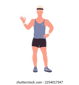 Standing trainer shows okay gesture. Happy muscular personal gym coach vector illustration