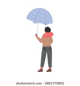 Standing Under Umbrella Female Character in Rainy Day Vector Illustration