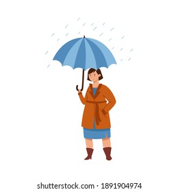 Standing Under Umbrella Female Character in Rainy Day Vector Illustration