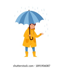 Standing Under Umbrella Female Character in Rainy Day Vector Illustration