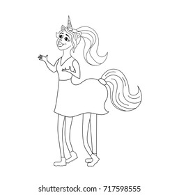 Standing unicorn. Vector cartoon character illustration. Design for child t-shirt. Girls, kid. magic concept. Isolated on white background. Lines