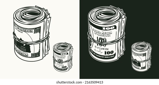 Standing upright money roll with front and reverse side of 100 dollar bills. Cash money. Vintage style. Monochrome detailed isolated vector illustration on dark and white background.