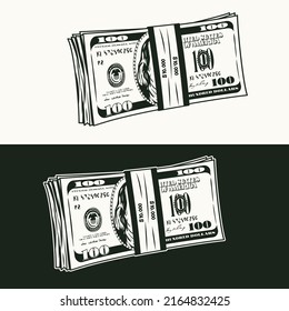 Standing upright wad of 100 dollar bills banded with a paper tape. Banknotes with front obverse side. Cash money. Monochrome detailed isolated vector illustration on black, white background