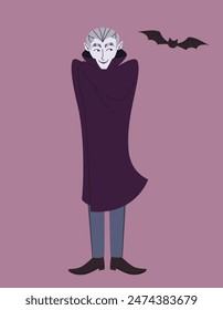 Standing vampire with flying bat. Halloween character in linear flat style.