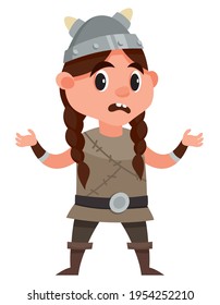 Standing viking child. Cute character in cartoon style.