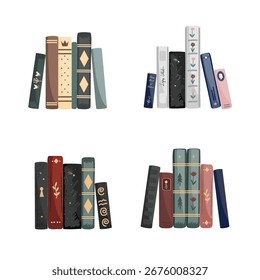 Standing vintage books composition set isolated on white background. Vector illustration