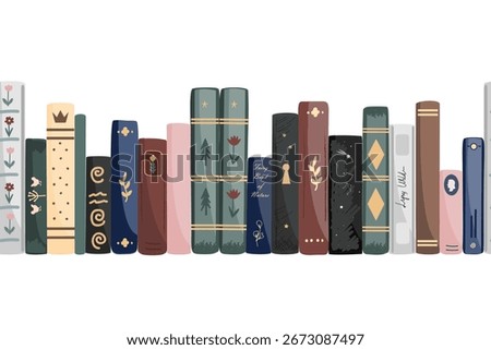Standing vintage books seamless border isolated on white background. Vector illustration.