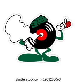 standing vinyl record cartoon characters wearing newsboy cap and smoking a cigar, best for sticker or decoration with vintage themes for musical studio or cafe