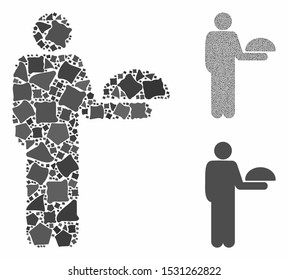 Standing waiter composition of trembly items in various sizes and color tints, based on standing waiter icon. Vector irregular items are composed into illustration.