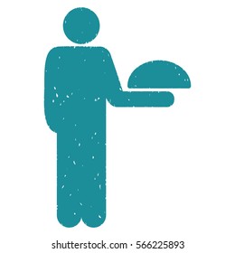 Standing Waiter grainy textured soft blue icon for overlay watermark stamps. Flat symbol with scratched texture. Dotted vector ink rubber seal stamp with grunge design on a white background.