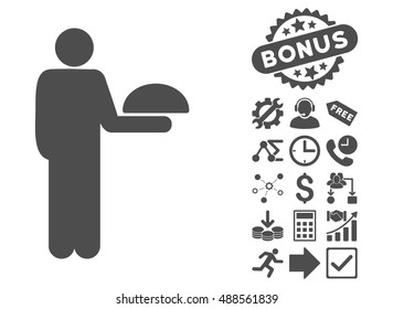 Standing Waiter icon with bonus clip art. Vector illustration style is flat iconic symbols, gray color, white background.