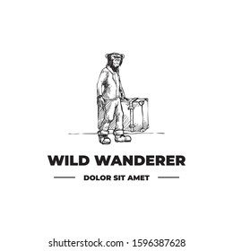 Standing walk chimpanzee bring old suitcase ready for travel logo design illustration concept