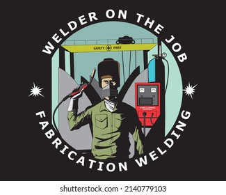 standing welder handling welding torch in fabrication welding workplace vector illustration