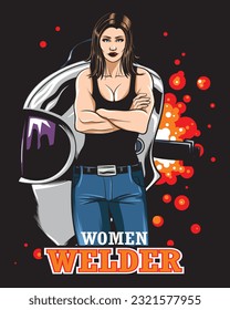 standing welder women with mask and sparks background vector illustration
