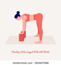 Doble de piernas anchas con cerraduras. Joven practicando pose de yoga. Las mujeres entrenan en gimnasia, aeróbic y ejercicios. Ilustración vectorial.
