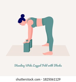 Standing Wide Legged Fold with Blocks. Young woman practicing Yoga pose. Woman workout fitness, aerobic and exercises. Vector Illustration.
