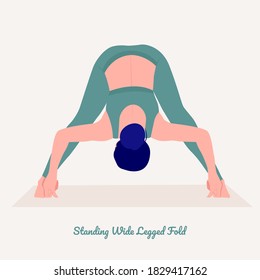Standing Wide Legged Fold with Blocks. Young woman practicing Yoga pose. Woman workout fitness, aerobic and exercises. Vector Illustration.