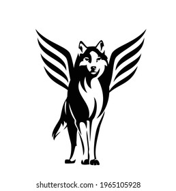 standing winged wolf portrait - mythical animal looking forward black and white vector outline