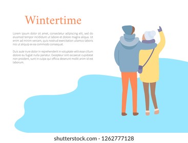 Standing in wintertime man embracing woman in hat and jacket with bag and colorful trousers. Back view of couple outdoor, papercard with text vector
