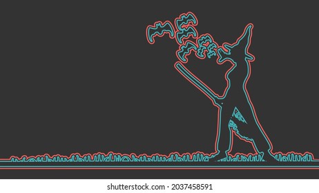 Standing witch with broomstick and flying bats