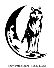 standing wolf and moon crescent - night wildlife black and white vector design