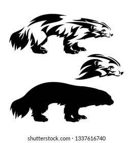 standing wolverine outline and silhouette and profile head black and white vector design