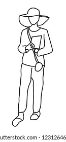 Standing woman with bag and paper silhouette, black and white sketch.