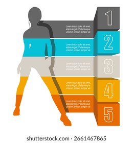 Mulher de pé. Conceito de cinco recursos ou opção do projeto a selecionar. Ilustração infográfica mínima para visualização de informações de negócios e questões sociais.