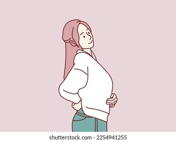Standing Woman female hands touching back pain backache simple korean style illustration