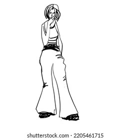 Standing Woman In Flared Trousers. A Hand-drawn Sketch. Vector Illustration