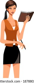 The standing woman is holding a book 