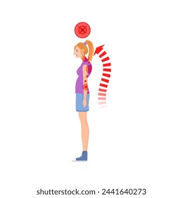 Standing woman with incorrect spine posture. Spine health, bad body pose cartoon vector illustration