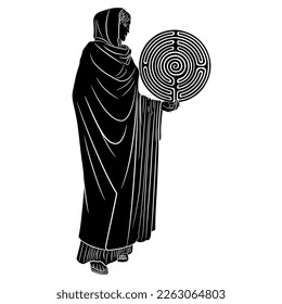 Standing woman in long garment holding a round spiral maze or labyrinth symbol. Ariadne. Black and white silhouette.