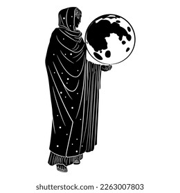 Standing woman in long garment as starry night holding a full moon. Goddess Nyx or Selene. Female lunar deity. Black and white silhouette.