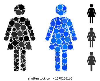 Standing woman mosaic of circle elements in different sizes and color hues, based on standing woman icon. Vector circle elements are united into blue collage.