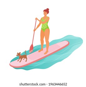 Standing woman is paddling with paddle board on the water with pet  dog. Sup boarding outdoor activity. Vector isolated colorful illustration in cartoon style. 