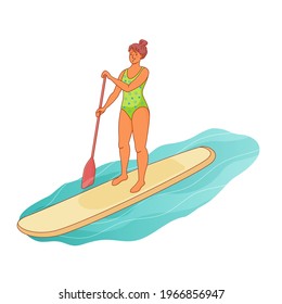 Standing woman is paddling with paddle board on the water. Sup boarding outdoor activity. Vector isolated outline colorful illustration in cartoon style. 