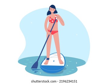 La mujer de pie está chapoteando con una tabla de remo en el agua. Mujer en el agua en la pizarra. concepto de SUP surf. Ilustración vectorial en estilo plano.