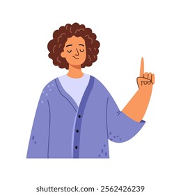 Standing woman pointing finger at blank placard. Close up portrait of cartoon smiling elegant businesswoman, isolated person pointing on placard or advertising billboard, flat thoughtful person