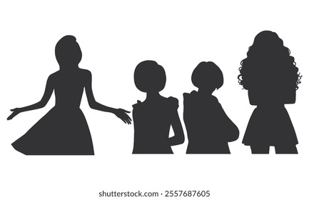 Standing Woman Pose Silhouette. Young Woman Group Vector. Front View Woman Silhouette.