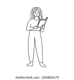 Standing woman reading book in her hand front view doodle illustration in vector. Adult girl standing and reading book hand drawn icon in vector.