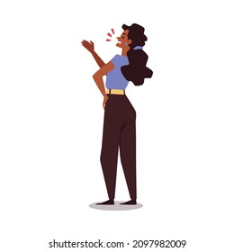 Standing woman screams or speaks loudly. Woman tries to persuade and convince, urging to make choice, flat vector illustration isolated on white background.