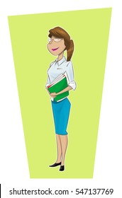 Standing woman secretary with files. Vector cartoon illustration