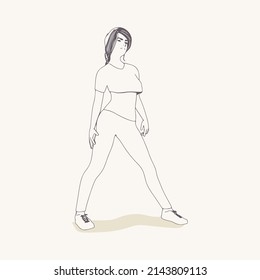 Standing woman. Sport girl illustration. Casual sportwear - t-shirt, breeches and sneakers. Young woman wearing workout clothes. Sport fashion girl outline in urban casual style.