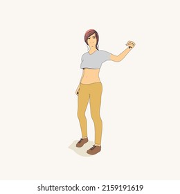 Standing woman. Sport girl illustration. Casual sportwear - t-shirt, breeches and sneakers. Young woman wearing workout clothes. Sport fashion girl outline in urban casual style.