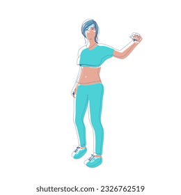 Standing woman. Sport girl illustration. Casual sportwear - t-shirt, breeches and sneakers. Young woman wearing workout clothes. Sport fashion girl outline in urban casual style.