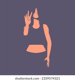 Standing woman. Sport girl illustration. Casual sportwear. Young woman wearing workout clothes. Sport fashion girl outline in urban casual style. Gesture of winner