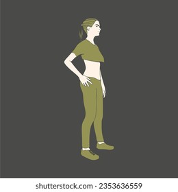 Standing woman. Sport girl illustration. Casual sportwear - t-shirt, breeches and sneakers. Young woman wearing workout clothes. Sport fashion girl outline in urban casual style.