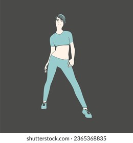 Standing woman. Sport girl illustration. Casual sportwear - t-shirt, breeches and sneakers. Young woman wearing workout clothes. Sport fashion girl outline in urban casual style.